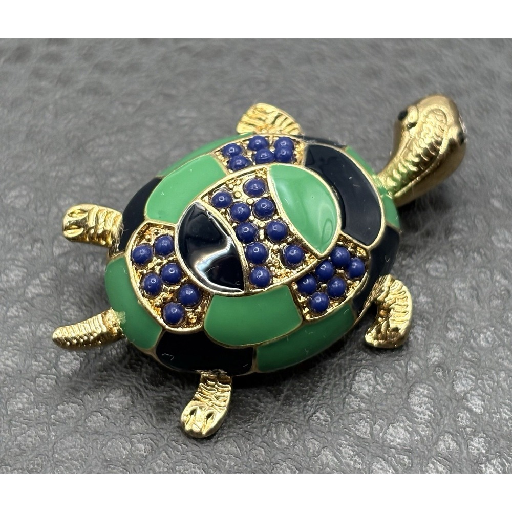 Vintage Turtle Brooch Green Black Enamel Gold Tone Blue Cabochon Figural
